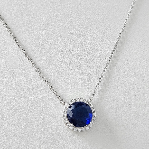 Sapphire Blue Round Halo Gemstone Necklace, 925 Sterling Silver - Picture 3 of 6